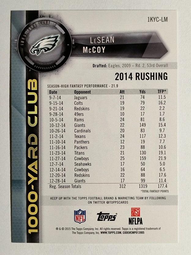 2015 Topps 1000 Yard Club #1KYCLM LeSean McCoy