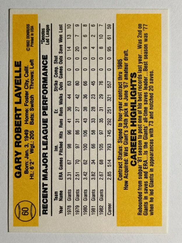 1983 Donruss #60 Gary Lavelle