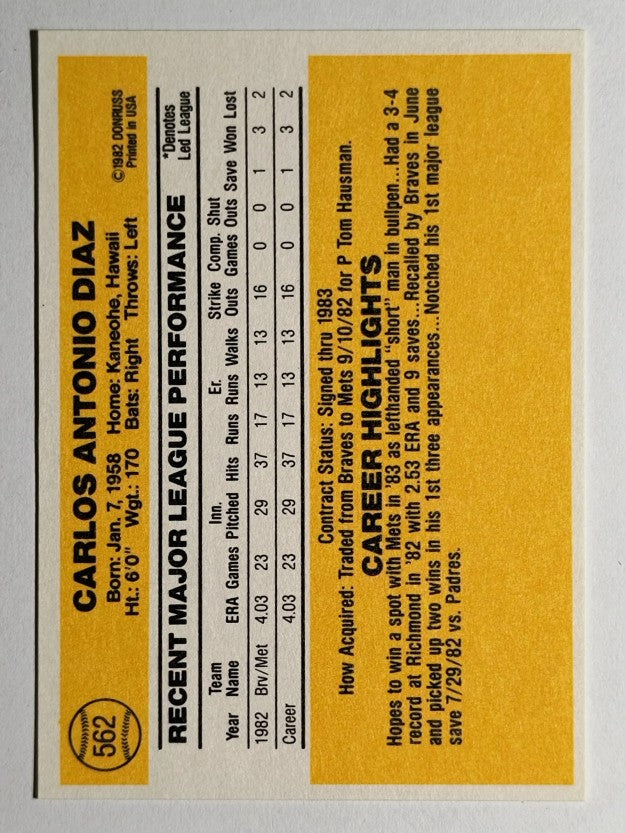 1983 Donruss #562 Carlos Diaz RC