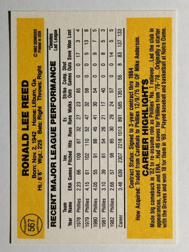 1983 Donruss #567 Ron Reed