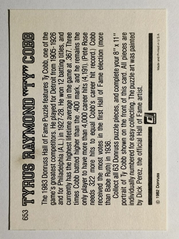 1983 Donruss #653 Ty Cobb Puzzle Card
