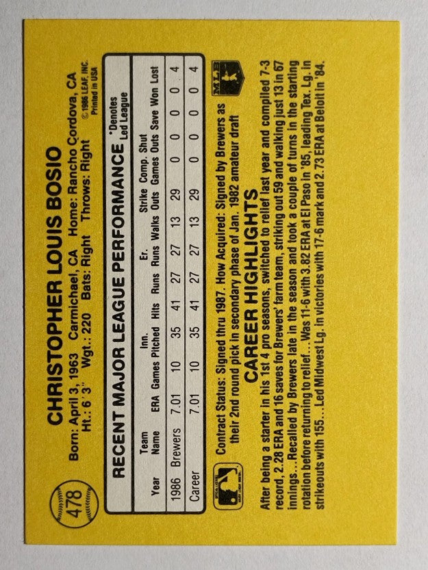1987 Donruss #478 Chris Bosio RC