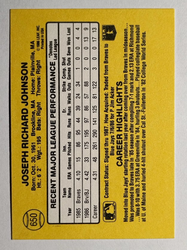 1987 Donruss #650 Joe Johnson