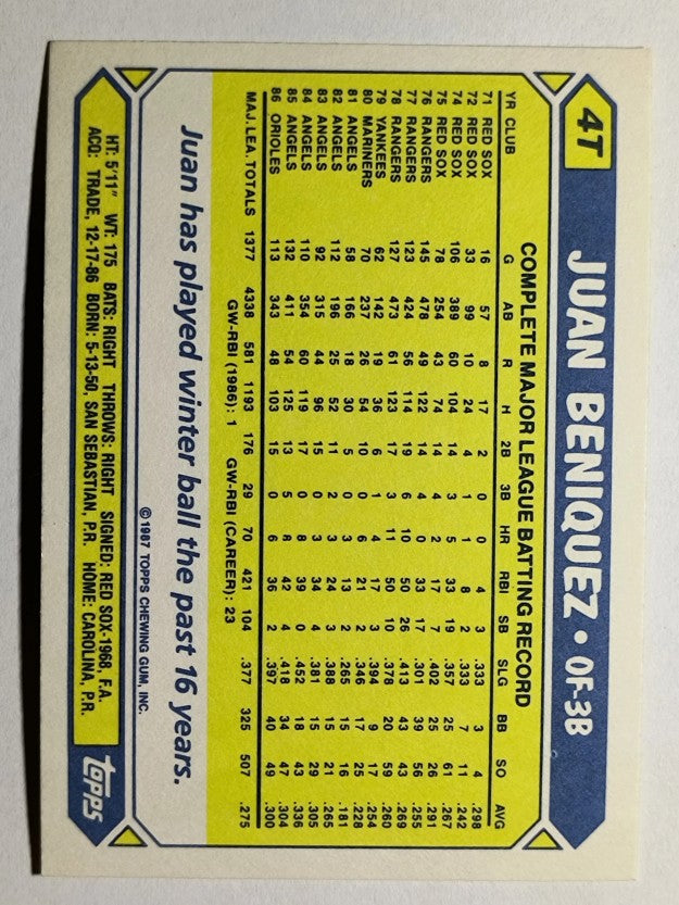 1987 Topps Traded Tiffany #4T Juan Beniquez