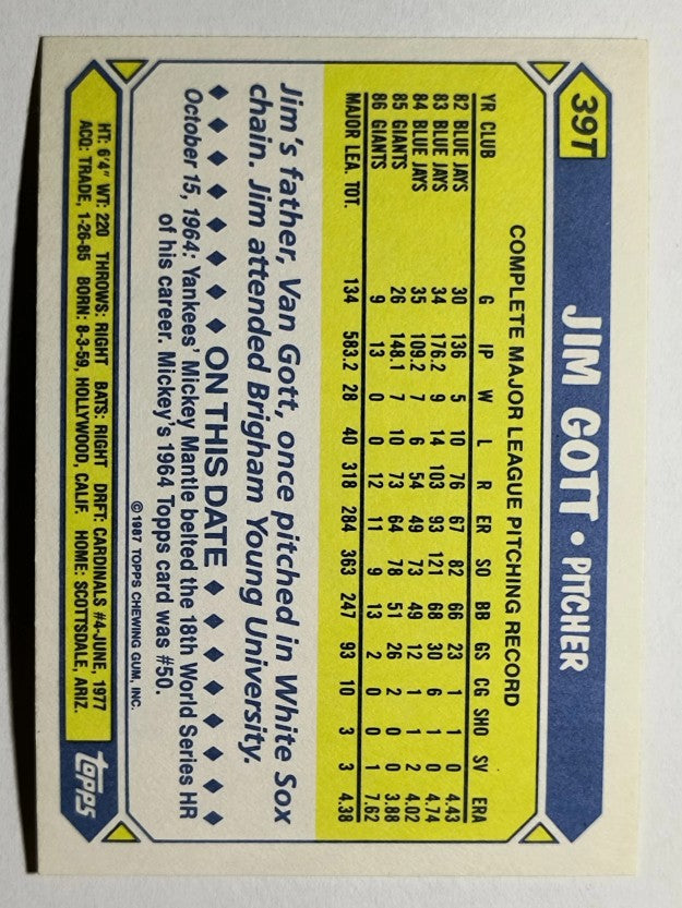 1987 Topps Traded Tiffany #39T Jim Gott