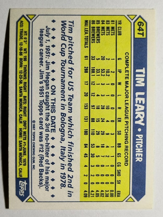 1987 Topps Traded Tiffany #64T Tim Leary