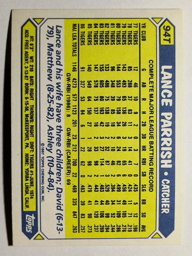 1987 Topps Traded Tiffany #94T Lance Parrish