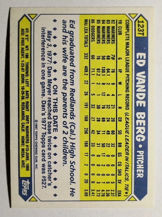 1987 Topps Traded Tiffany #123T Ed VandeBerg