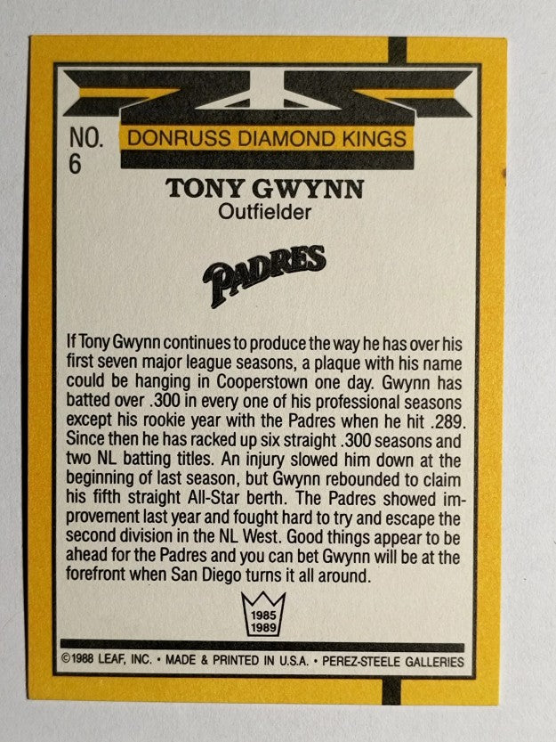 1989 Donruss #6 Tony Gwynn DK DP