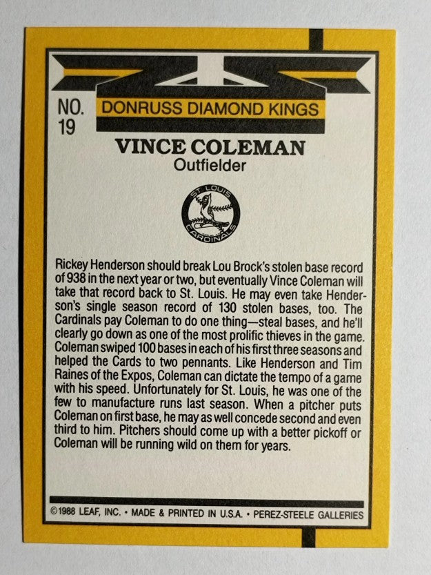 1989 Donruss #19 Vince Coleman DK DP