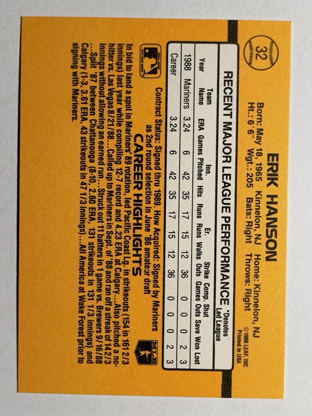 1989 Donruss #32 Erik Hanson RR RC