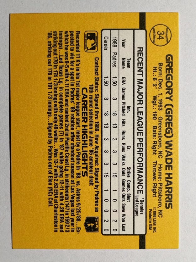 1989 Donruss #34 Greg W. Harris RR RC