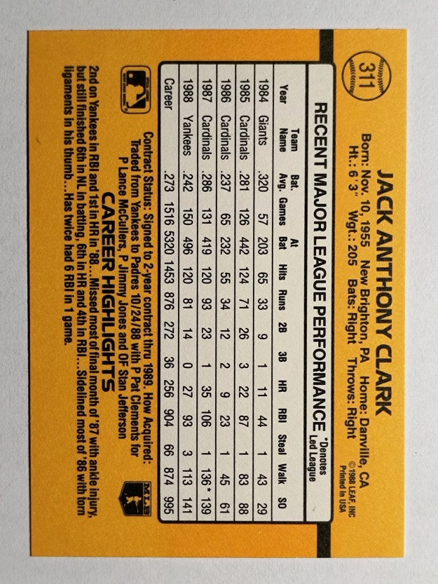 1989 Donruss #311 Jack Clark