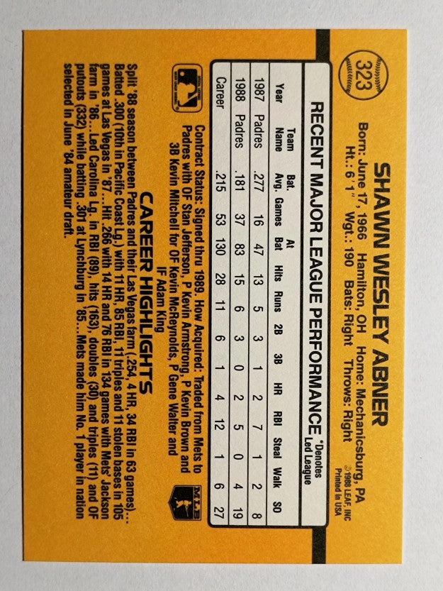 1989 Donruss #323 Shawn Abner