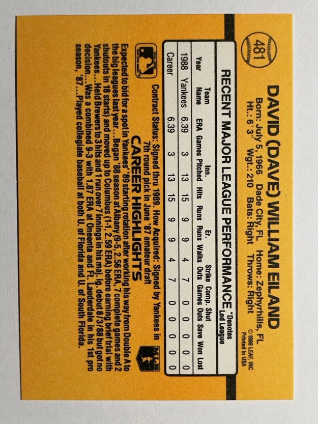 1989 Donruss #481 Dave Eiland