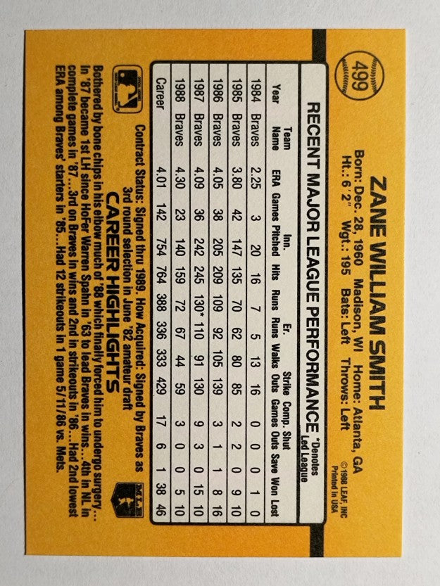1989 Donruss #499 Zane Smith