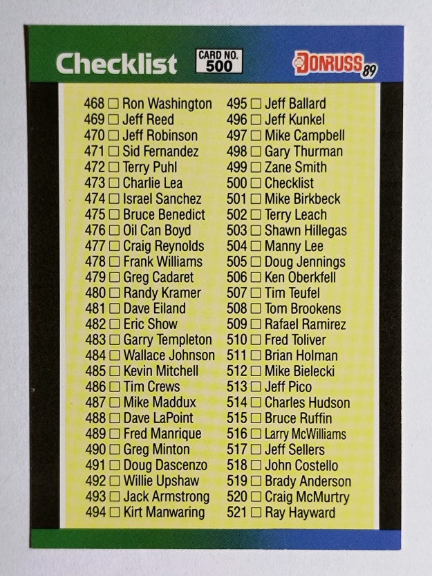 1989 Donruss #500 Checklist 468-577 DP