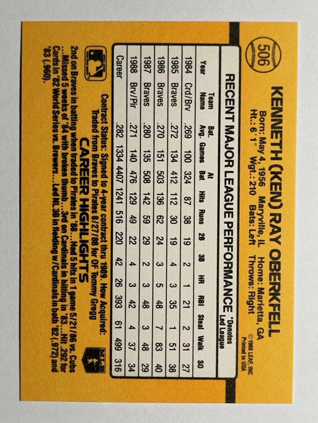 1989 Donruss #506 Ken Oberkfell