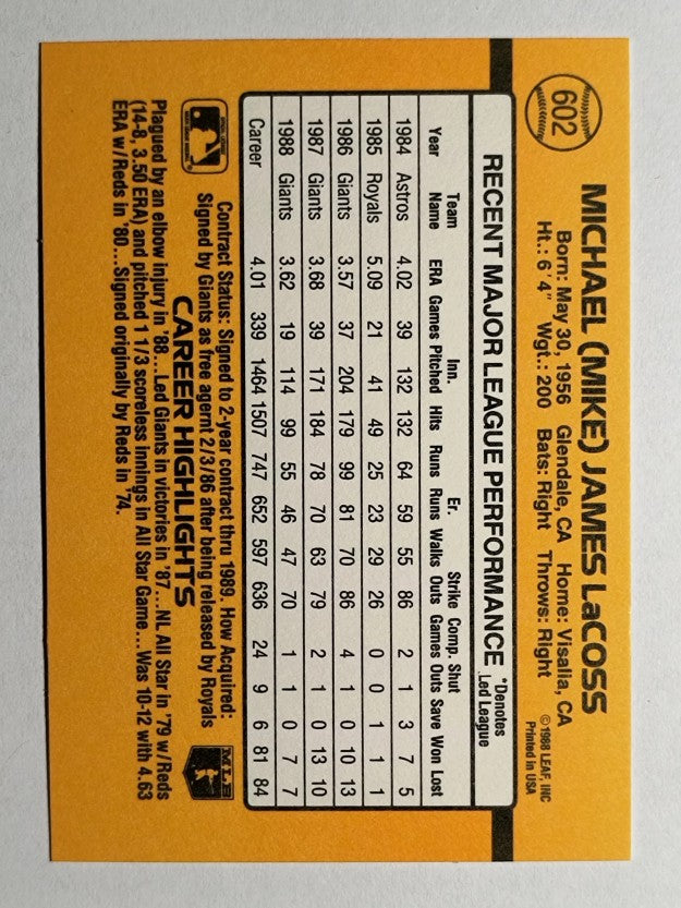 1989 Donruss #602 Mike LaCoss