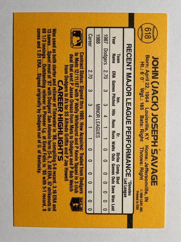 1989 Donruss #618 Jack Savage DP