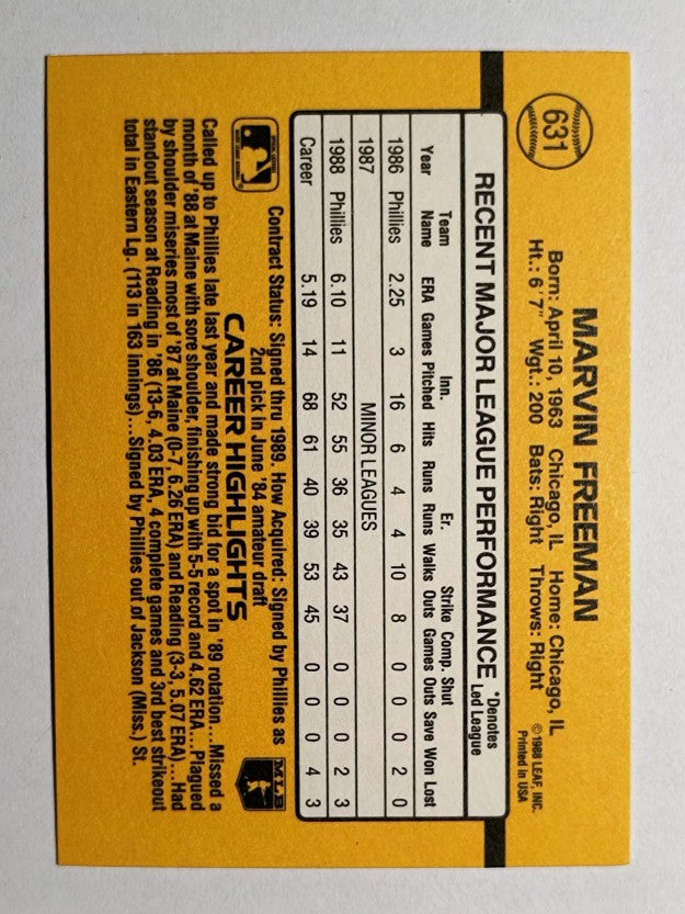 1989 Donruss #631 Marvin Freeman DP