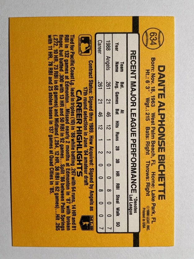 1989 Donruss #634 Dante Bichette DP RC