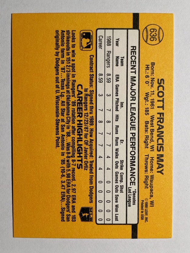 1989 Donruss #636 Scott May DP