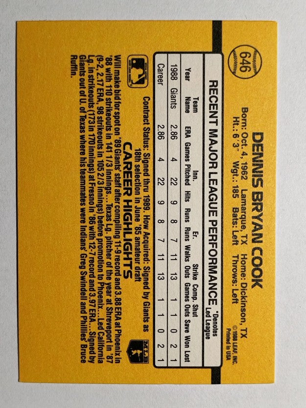 1989 Donruss #646 Dennis Cook RC