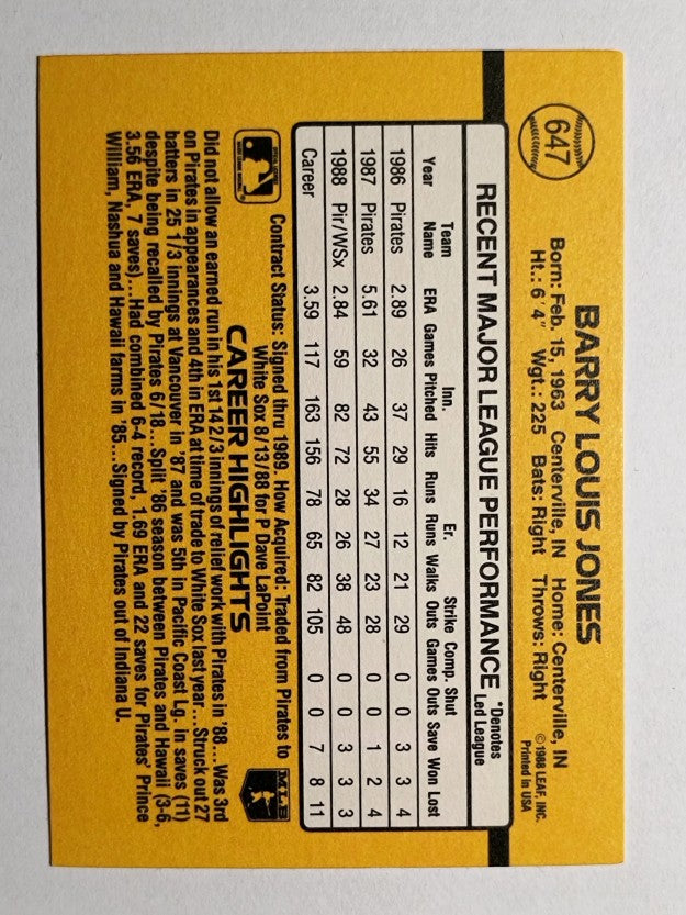 1989 Donruss #647 Barry Jones