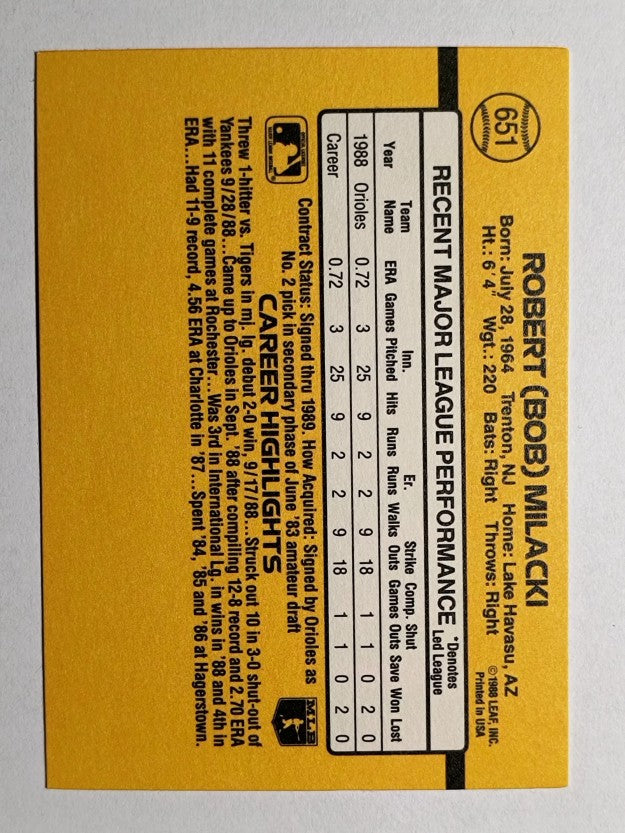 1989 Donruss #651 Bob Milacki