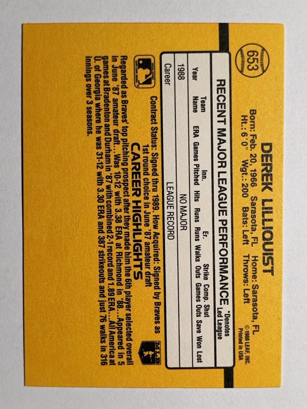 1989 Donruss #653 Derek Lilliquist RC