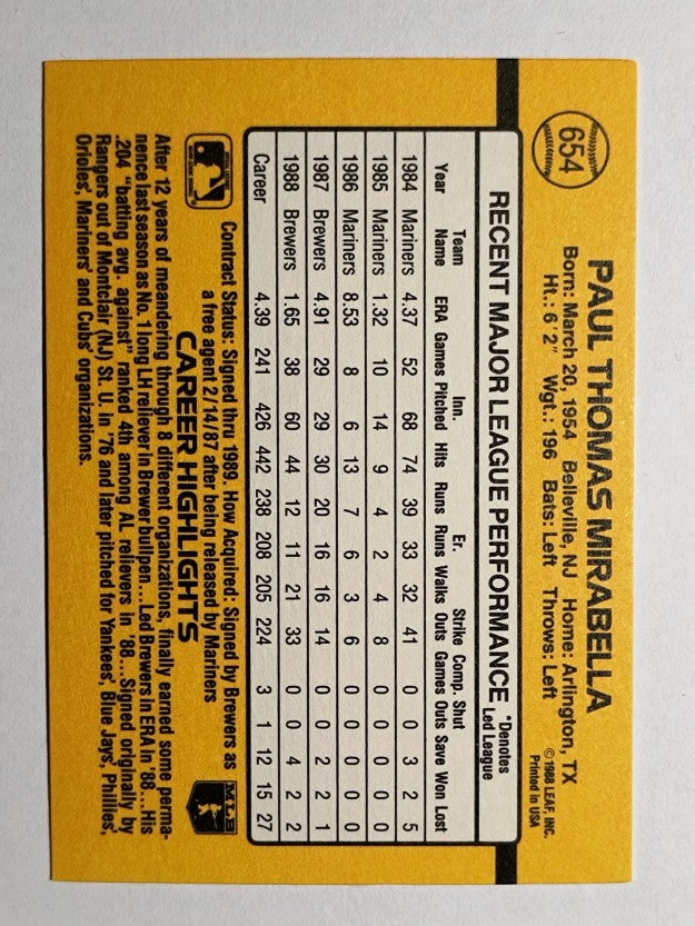 1989 Donruss #654 Paul Mirabella