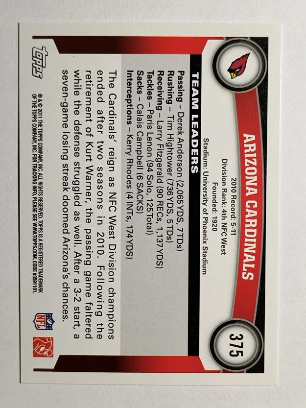 2011 Topps #375 Arizona Cardinals Team/Larry Fitzgerald/Max Komar/Steve Breaston