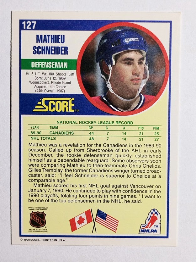1990-91 Score #127 Mathieu Schneider RC