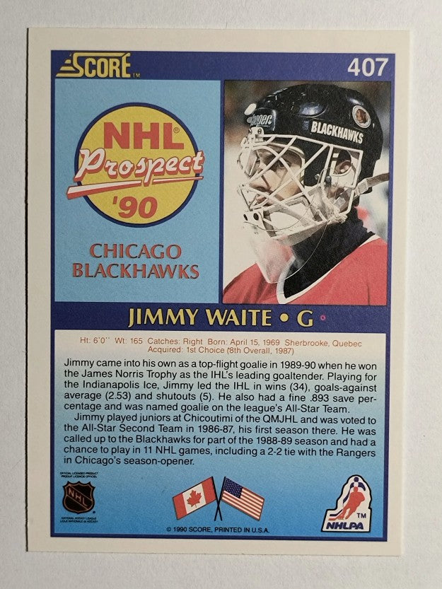 1990-91 Score #407A Jim Waite ERR RC/reads "catches: right" on back