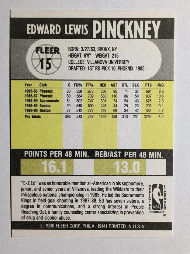 1990-91 Fleer #15 Ed Pinckney