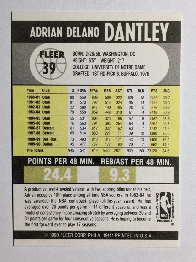 1990-91 Fleer #39B Adrian Dantley COR