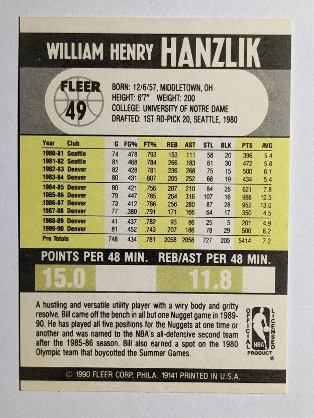 1990-91 Fleer #49 Bill Hanzlik
