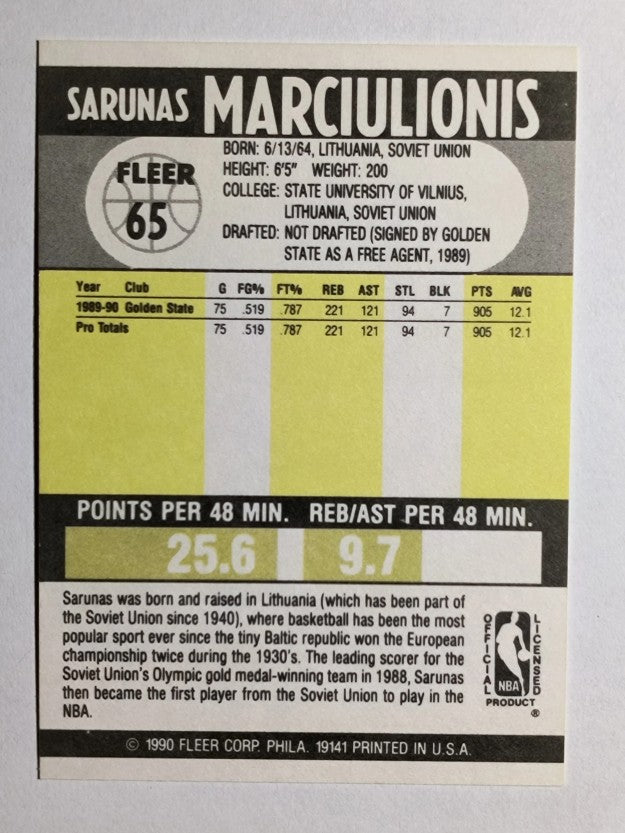 1990-91 Fleer #65 Sarunas Marciulionis RC