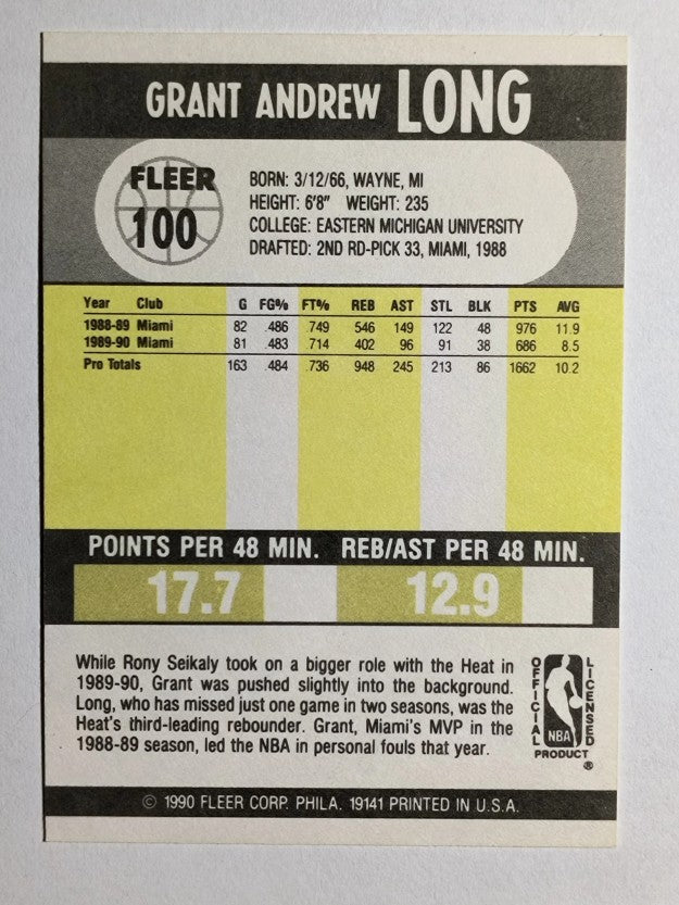 1990-91 Fleer #100 Grant Long