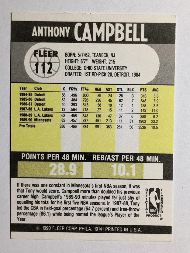 1990-91 Fleer #112 Tony Campbell