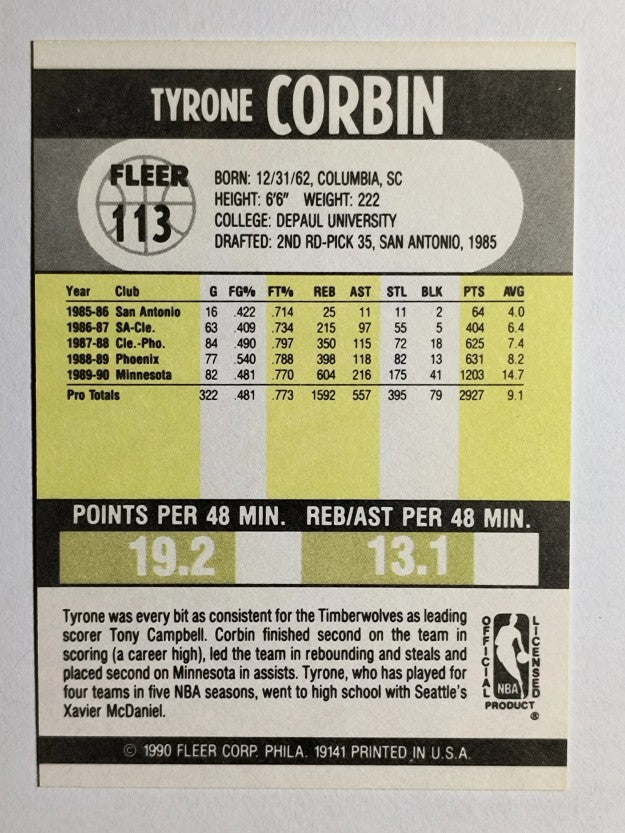 1990-91 Fleer #113 Tyrone Corbin
