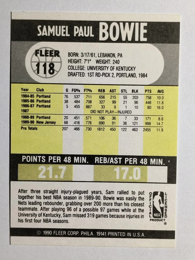 1990-91 Fleer #118 Sam Bowie