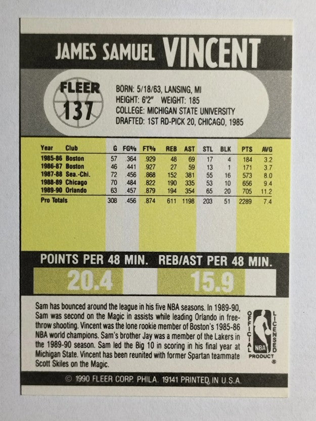 1990-91 Fleer #137 Sam Vincent