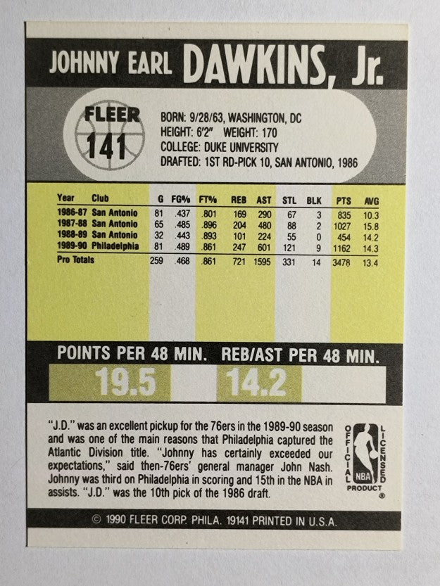 1990-91 Fleer #141 Johnny Dawkins
