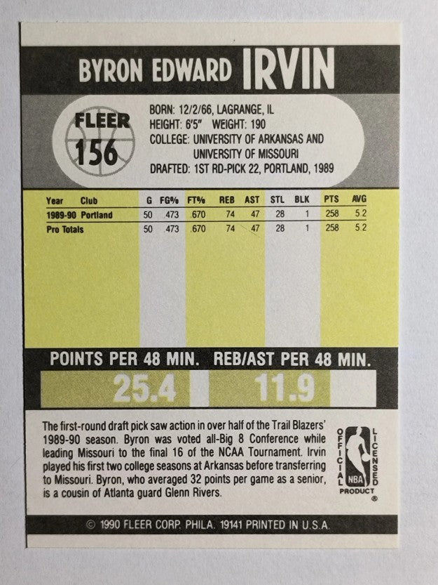 1990-91 Fleer #156 Byron Irvin