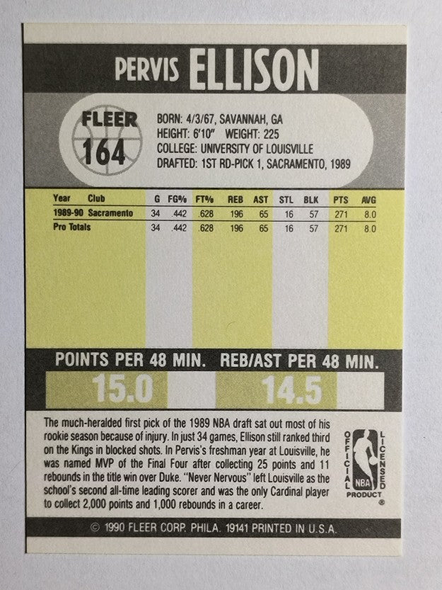 1990-91 Fleer #164 Pervis Ellison RC