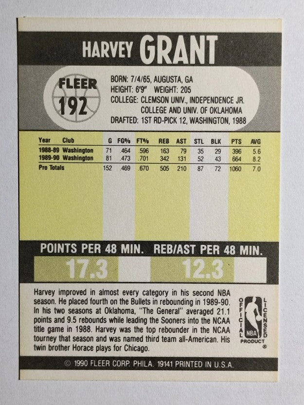 1990-91 Fleer #192B Harvey Grant/First name on card front in white