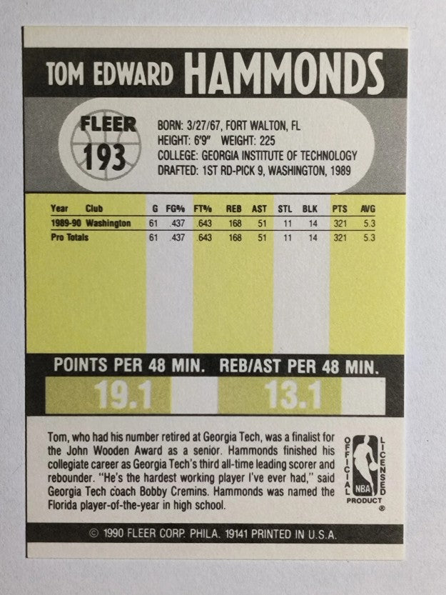 1990-91 Fleer #193 Tom Hammonds RC