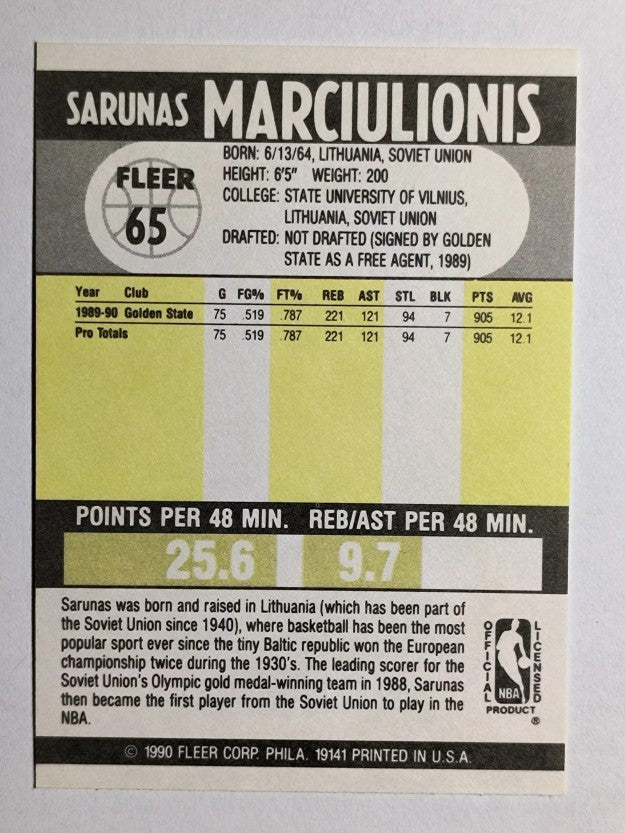 1990-91 Fleer #65 Sarunas Marciulionis RC